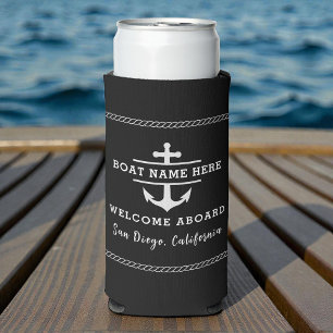 Rafraîchisseur Pour Canette Slim Bienvenue à bord Bateau nom Ancre Nautical noir