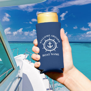 Rafraîchisseur Pour Canette Slim Bienvenue à bord Nom du bateau Ancre Corde Barre