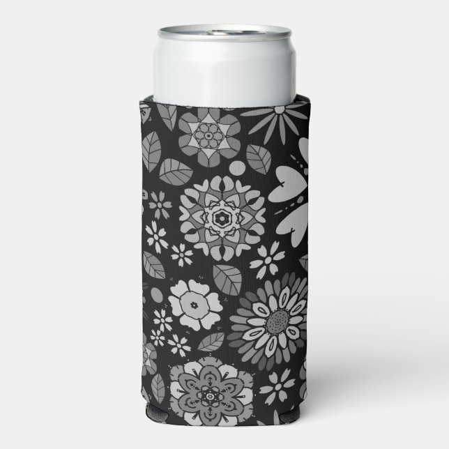 Rafraîchisseur Pour Canette Slim Black And Gray Retro Floral Art Seamless Pattern (Seltzer Recto)