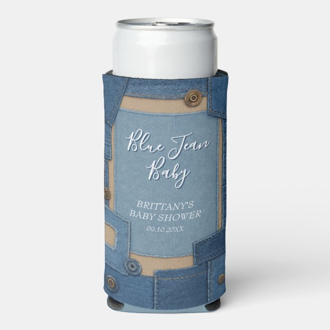Rafraîchisseur Pour Canette Slim Blue Jean Baby Denim Baby Shower (Seltzer Recto)