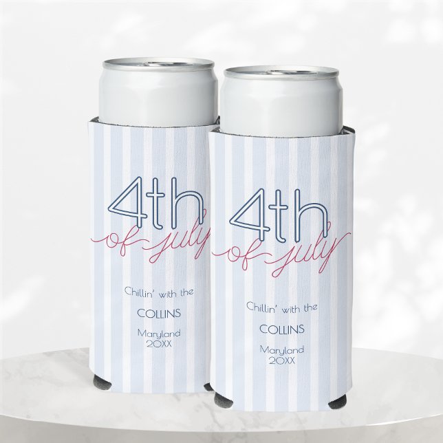 Rafraîchisseur Pour Canette Slim Blue Stripes Moderne 4 juillet fête d'été (Blue Stripes Modern 4th of July Summer Party Seltzer Can Cooler)