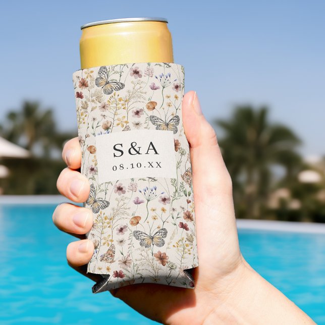 Rafraîchisseur Pour Canette Slim Boho Fleur sauvage Mariage Seltzer Can Cooler (Tan Boho Wildflower with Butterflies Wedding Seltzer Can Cooler by Painted Paperie
)