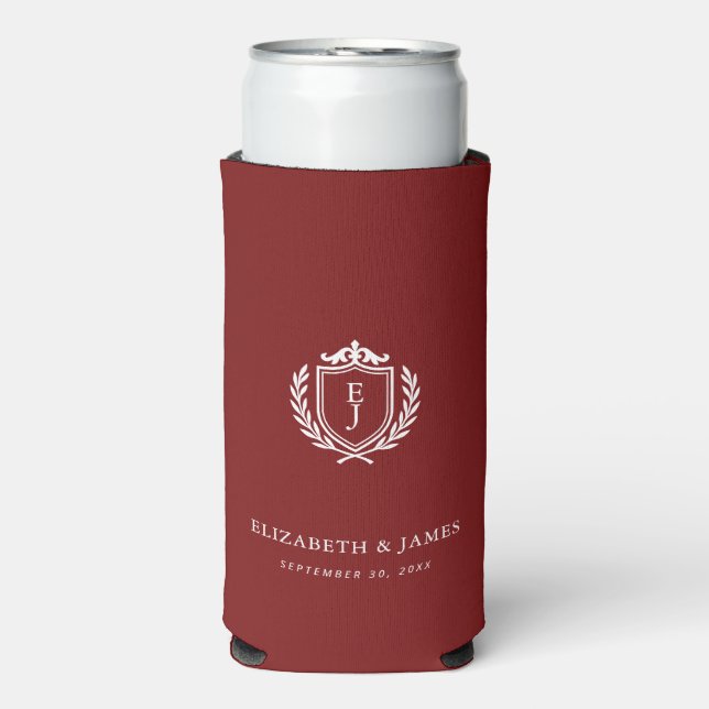 Rafraîchisseur Pour Canette Slim Burgundy Crest Wedding Custom Initials (Seltzer Recto)