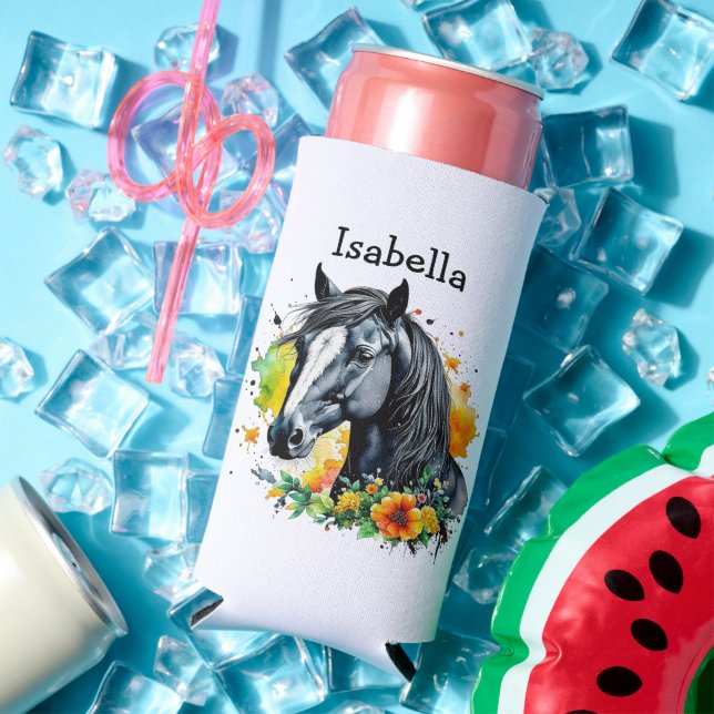 Rafraîchisseur Pour Canette Slim Cheval noir entouré de fleurs Personnalisé (Été in situ)