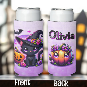 Rafraîchisseur Pour Canette Slim Chibi Halloween Chat noir et Citrouille Personnali