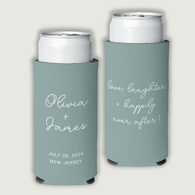 Rafraîchisseur Pour Canette Slim Citation mariage moderne et poussiéreuse sauge ver (Dusty sage green wedding can coolers. Customize with names/date/location to front. Quote on reverse.)