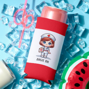 Rafraîchisseur Pour Canette Slim Cute Manga Nurse avec cheveux rouge bleu yeux Pers