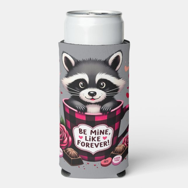Rafraîchisseur Pour Canette Slim Cute Raccoon Valentine Buffalo Plaid (Seltzer Recto)