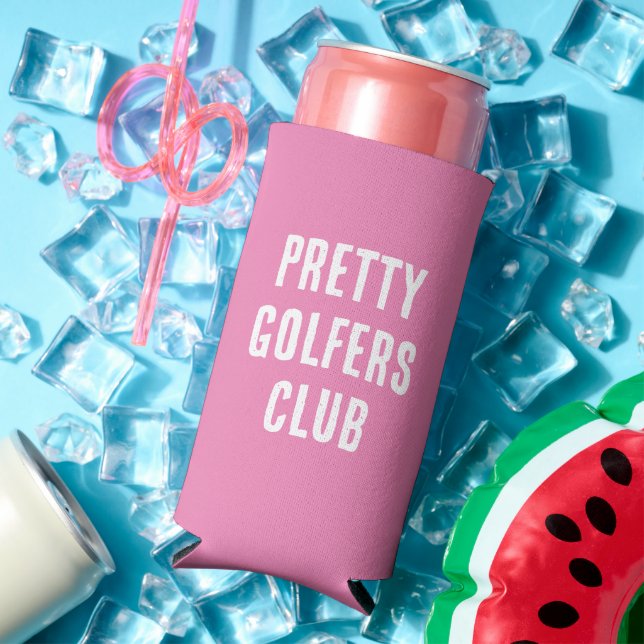 Rafraîchisseur Pour Canette Slim Drôle "Joli Club de Golfeurs." Rose et blanc (Été in situ)