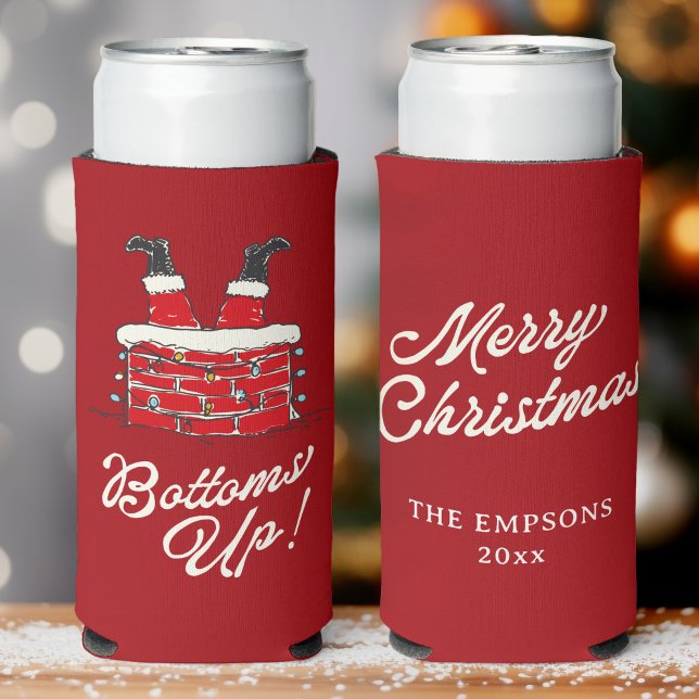 Rafraîchisseur Pour Canette Slim Drôle Joyeux Noël Santa Bas les Verres Friendmas (Red Christmas can cooler with Santa’s legs in a chimney, playful “Bottoms Up!” script)