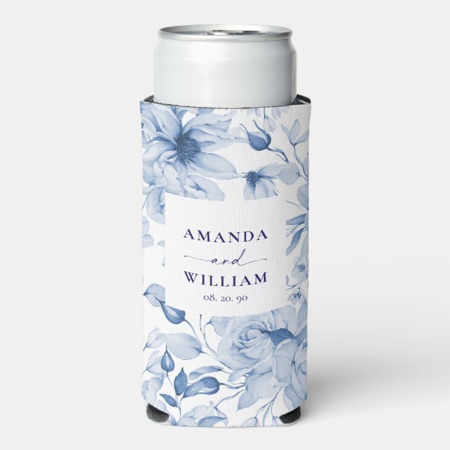 Rafraîchisseur Pour Canette Slim Élégant Mariage floral bleu peut refroidir (Seltzer Recto)