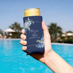 Rafraîchisseur Pour Canette Slim Elégant Marine Blue Gold Floral Mariage moderne