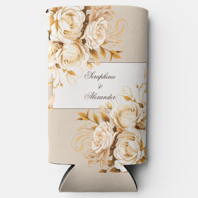 Rafraîchisseur Pour Canette Slim Élégant or et Mariage floral ivoire (Recto)