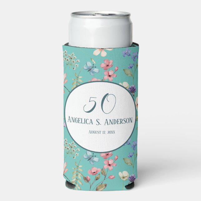 Rafraîchisseur Pour Canette Slim Feminine Turquoise Floral Fleur sauvage Motif (Seltzer Recto)