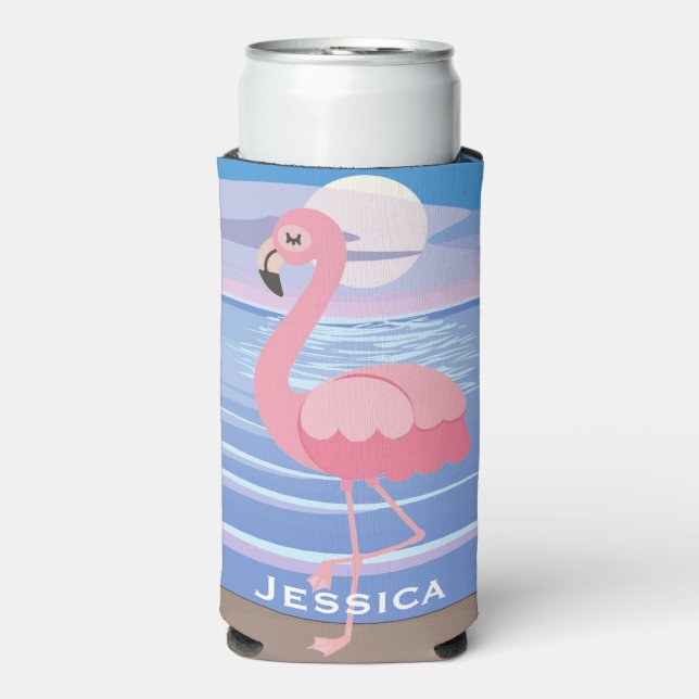 Rafraîchisseur Pour Canette Slim Flamant rose d'île tropicale personnalisée (Seltzer Recto)