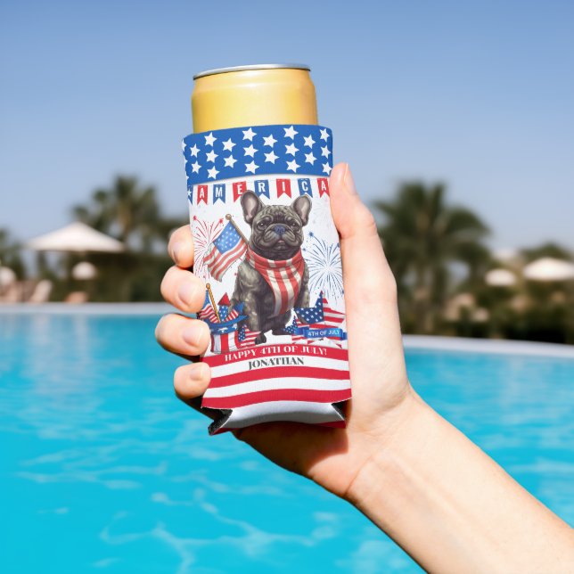 Rafraîchisseur Pour Canette Slim French Bulldog Happy 4 juillet Amérique patriotiqu (Piscine in situ)