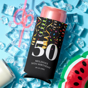 Rafraîchisseur Pour Canette Slim Fun Colorful Confetti Ribbon Noir 50 Anniversaire