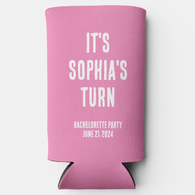 Rafraîchisseur Pour Canette Slim Funny Bachelorette Party Mariage rose et blanc (Recto)