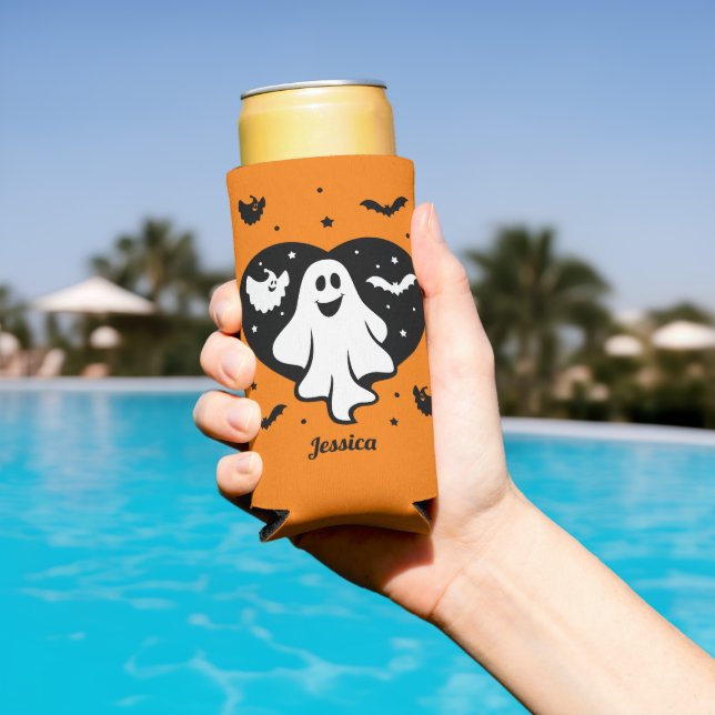 Rafraîchisseur Pour Canette Slim Ghost Halloween mignon Avec Coeur Et Chat (Piscine in situ)