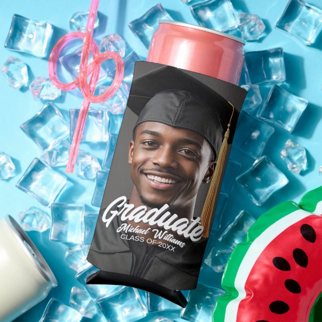 Rafraîchisseur Pour Canette Slim Graduate Photo Bold Script Graduation Party Favor (Été in situ)