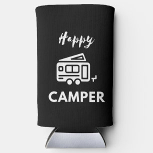 Rafraîchisseur Pour Canette Slim Happy Camper en blanc avec Arrière - plan bleu