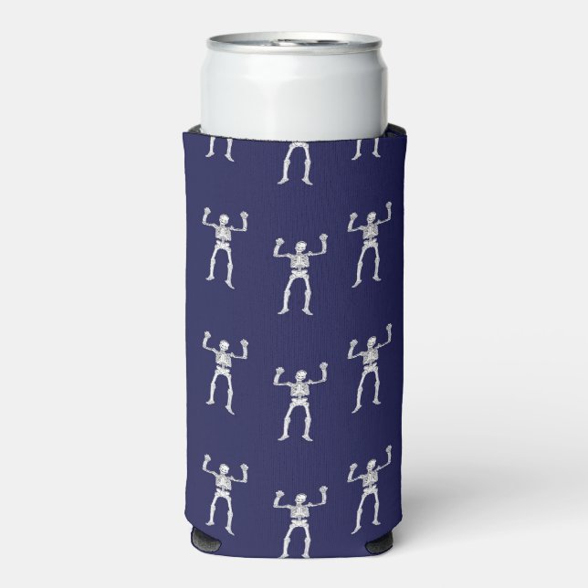 Rafraîchisseur Pour Canette Slim Homme squelette blanc sur bleu (Seltzer Recto)