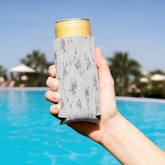 Rafraîchisseur Pour Canette Slim Impression florale rose sur gris (Piscine in situ)
