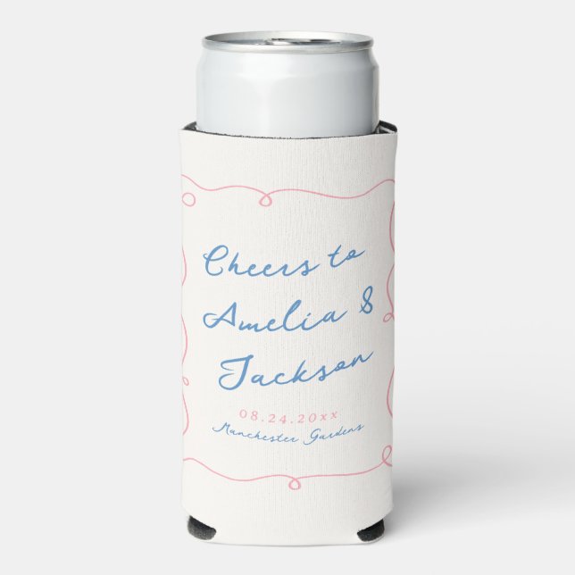 Rafraîchisseur Pour Canette Slim Main Whimsical Tirée Bleu & Mariage Rose (Seltzer Recto)