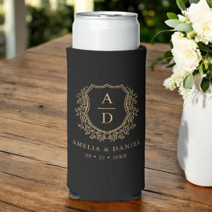 Rafraîchisseur Pour Canette Slim Mariage Monogramme moderne Black Gold Crest
