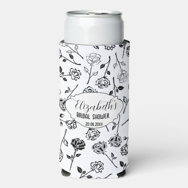 Rafraîchisseur Pour Canette Slim Mariage Personnalisé Floral Noir et Blanc pour la  (Seltzer Recto)