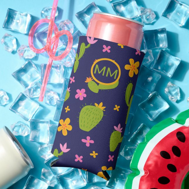 Rafraîchisseur Pour Canette Slim Monogramme Cactus amusant Personnalisé (Été in situ)