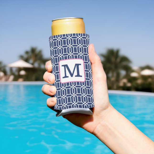 Rafraîchisseur Pour Canette Slim Monogramme géométrique octogone blanc de la marine (Piscine in situ)