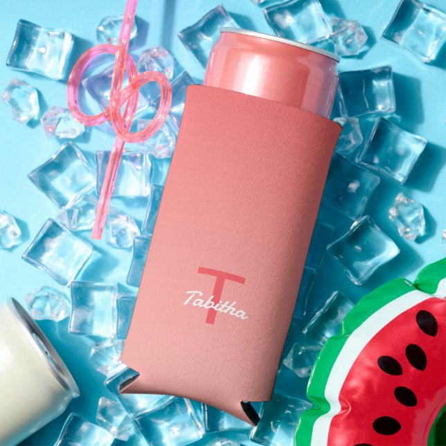 Rafraîchisseur Pour Canette Slim Monogramme Nom initial Script Dégradé Rouge Blanc (Été in situ)