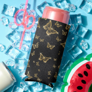 Rafraîchisseur Pour Canette Slim Motif de glam or et papillons noirs