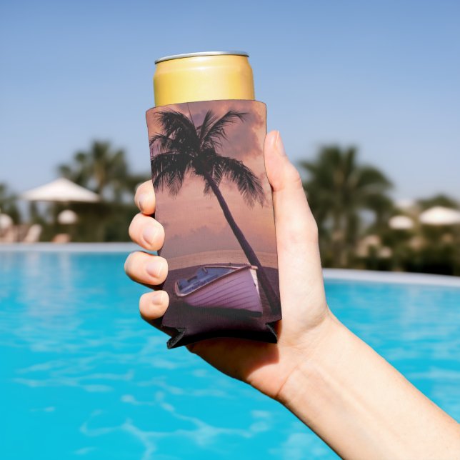 Rafraîchisseur Pour Canette Slim Palm Tree and Boat Beach Sunset (Piscine in situ)