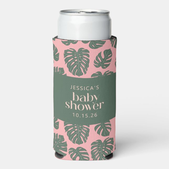 Rafraîchisseur Pour Canette Slim Plante Monstera Botanique Rose Baby shower vert (Seltzer Recto)