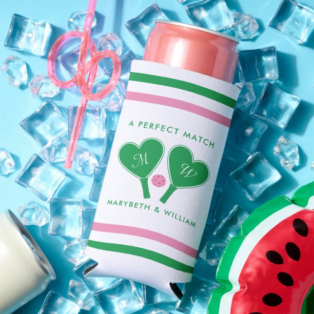 Rafraîchisseur Pour Canette Slim Preppy Green and Pink Wedding Pickleball (Été in situ)