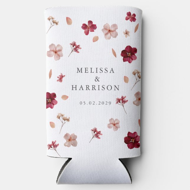 Rafraîchisseur Pour Canette Slim Pressé rose rouge et crème, Mariage floral (Recto)