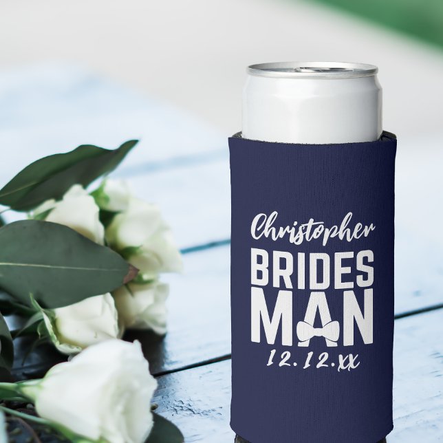 Rafraîchisseur Pour Canette Slim Rafraîchisseur de canette de mariage bleu marine p (Just add your Bridesman's name and your wedding date)