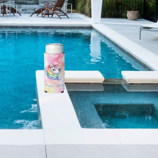 Rafraîchisseur Pour Canette Slim Rainbow Unicorn Design avec nom personnalisé (Créateur téléchargé)
