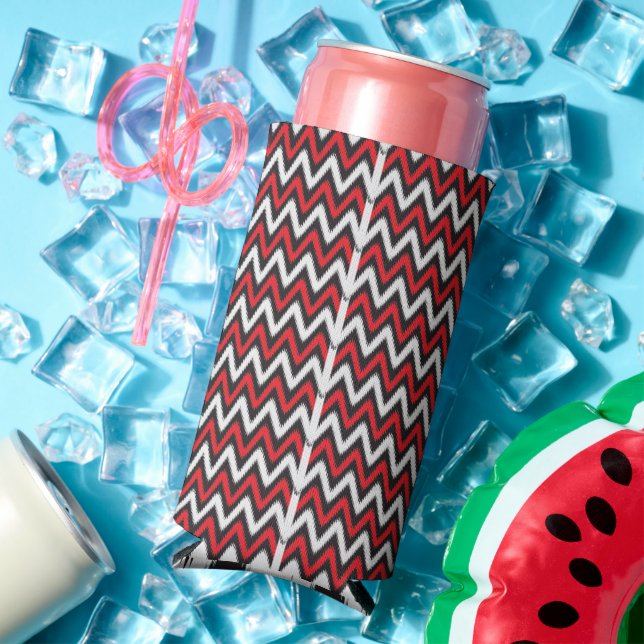 Rafraîchisseur Pour Canette Slim un motif en zigzag rouge et noir sur fond blanc (Été in situ)