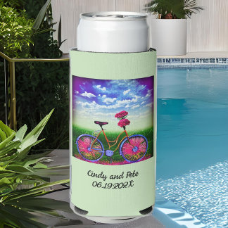 Rafraîchisseur Pour Canette Slim Vélo Imaginaire avec fleurs roses sur vert menthe