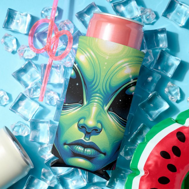 Rafraîchisseur Pour Canette Slim Visage Alien avec des planètes Réflexions dans les (Été in situ)