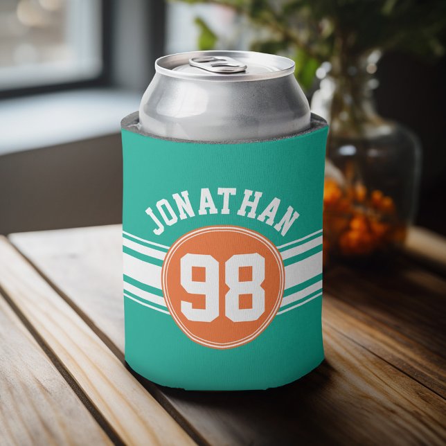 Rafraîchisseur Pour Canette Sports Jersey Stripes Emerald & Orange Nom Numéro (Personalized Can Cooler - add a name and custom text to this sports jersey design)