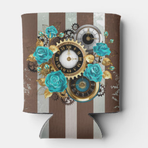 Rafraîchisseur Pour Canette Steampunk Clock and Turquoise Roses on Striped