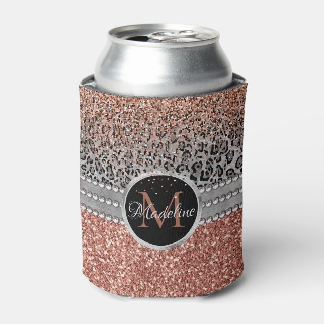Rafraîchisseur Pour Canette Stylish Girly Rose Gold Glitter Leopard Monogram (Can devant)
