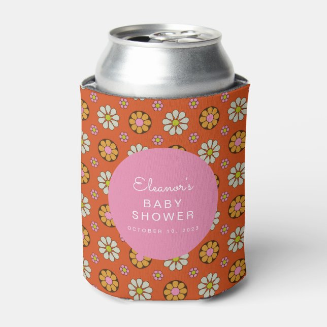 Rafraîchisseur Pour Canette Super Retro 60s Fleurs Baby shower rose orange (Can devant)