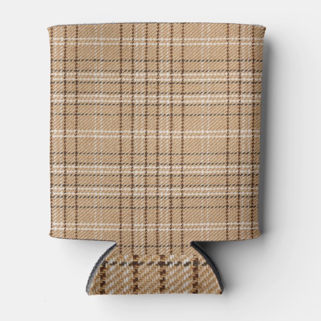 Rafraîchisseur Pour Canette Tartan Beige : Tissu Plaid Classique. (Devant)