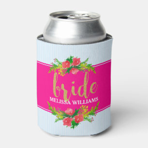 Rafraîchisseur Pour Canette Texte Bride-Or, Bouquet Floral Sur Rose Chaud & Bl