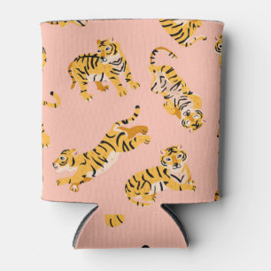 Rafraîchisseur Pour Canette Tigres caricaturaux, motif vintage rose.